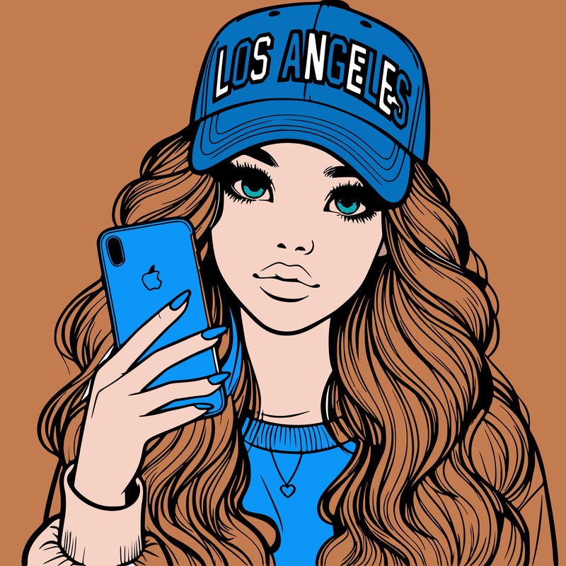 realistic beautiful girl wearing los ángeles cap holding an iphone