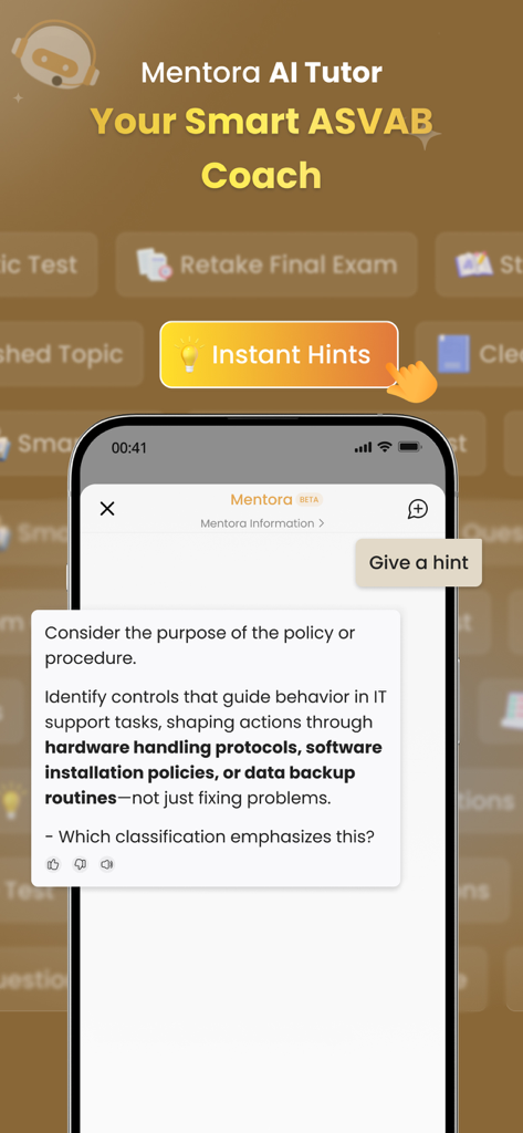 ASVAB Practice Test By ABC - A smartphone displaying the Mentora AI tutor feature within the ASVAB Practice Test app providing an instant hint for a test question