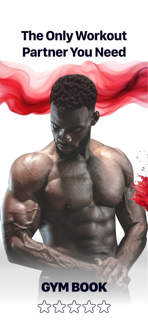 Gym Book: Exercise Workout App - Gym Book exercise app promotional screen with a muscular man and a five star rating