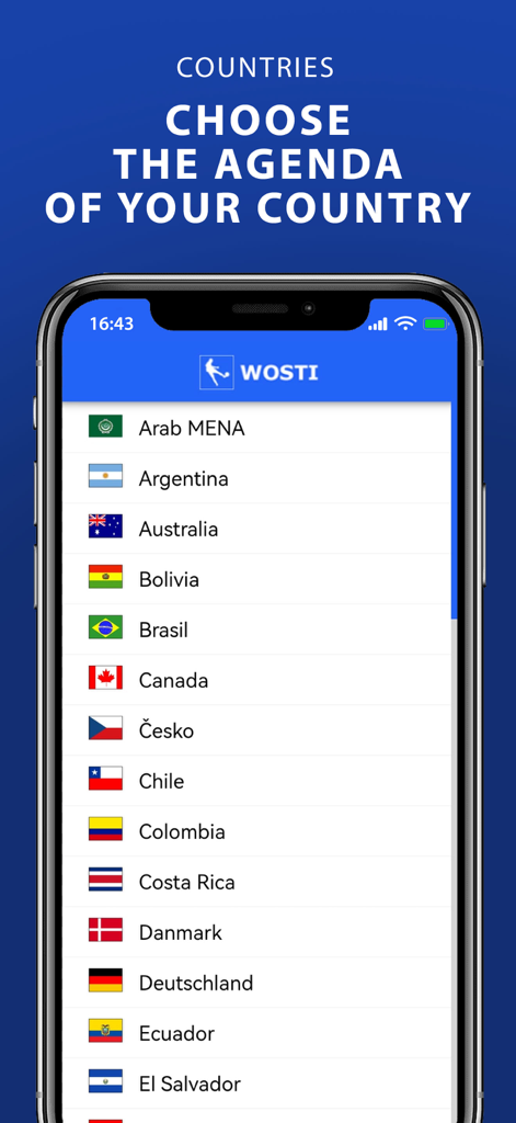 WOSTI Sports TV - Mobile screen showing a list of countries with flags for localized sports TV schedules
