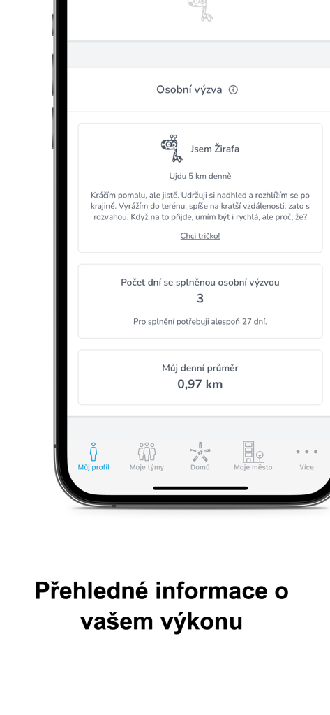 10000 kroků - A screenshot of the 10000 kroků app displaying a users personal walking challenge and performance statistics.