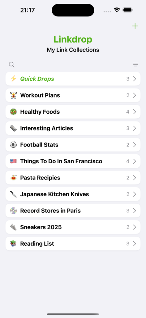 A clean list of categorized link collections in the Linkdrop mobile app