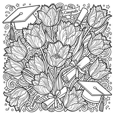Honor the graduate in your life with this exquisite coloring page, blending the unique beauty of fringed tulips with festive graduation symbols. It's the perfect way to celebrate academic milestones and blooming futures through art.