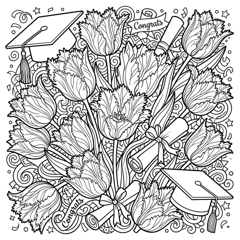Honor the graduate in your life with this exquisite coloring page, blending the unique beauty of fringed tulips with festive graduation symbols. It's the perfect way to celebrate academic milestones and blooming futures through art.