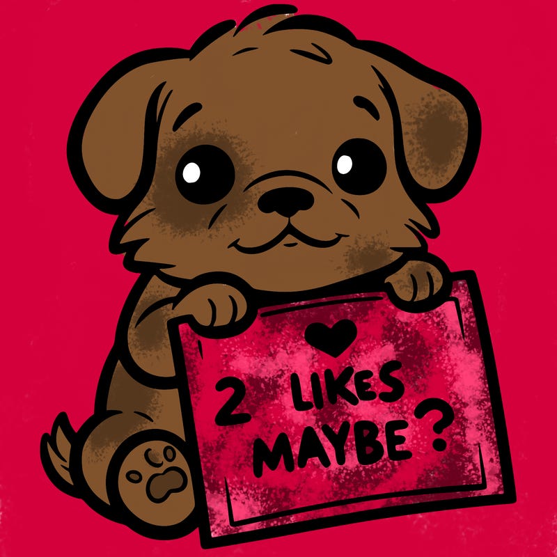 a puppy holding a sign that says 2 likes maybe?