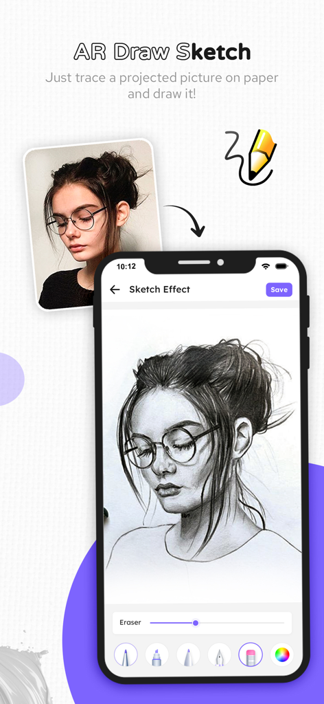 AR Drawing - Learn to Draw Art - Interfaz de aplicación de móvil mostrando una foto de retrato convertida en un boceto a lápiz para calcar