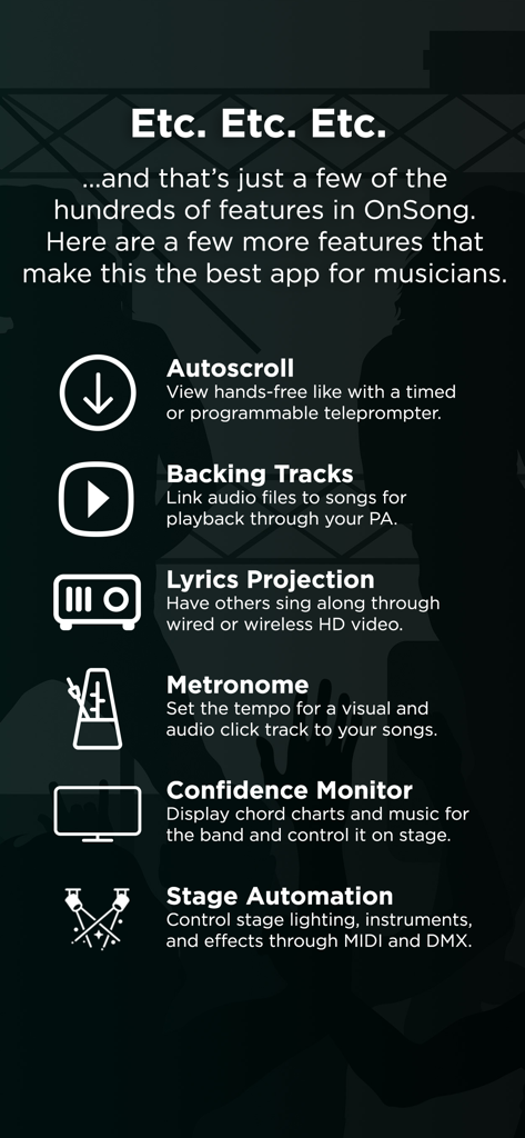 List of professional performance features in OnSong 2026 including autoscroll backing tracks lyrics projection metronome confidence monitor and stage automation