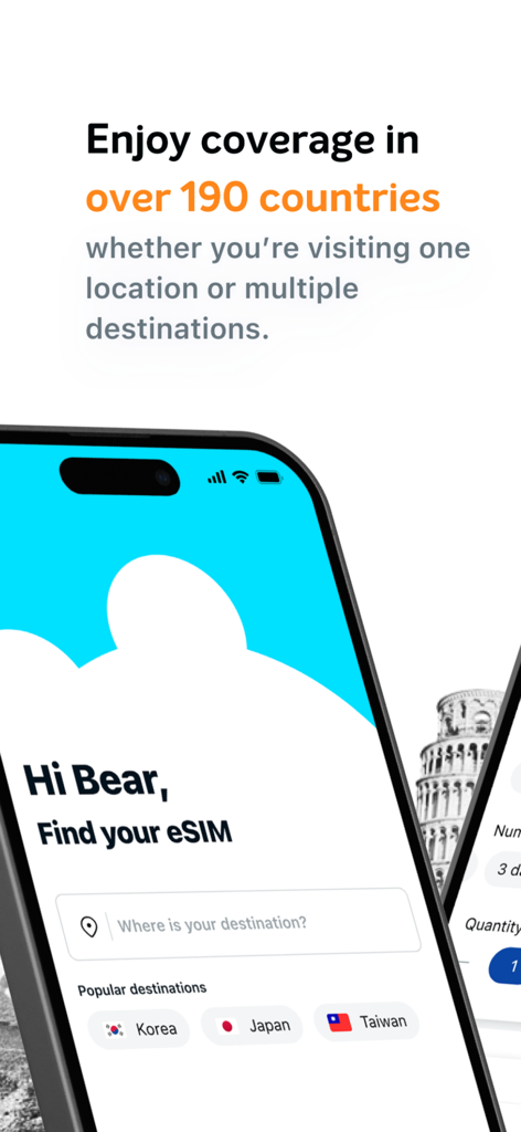 Gohub eSIM - Gohub eSIM app interface displaying coverage in over 190 countries and a travel destination search bar