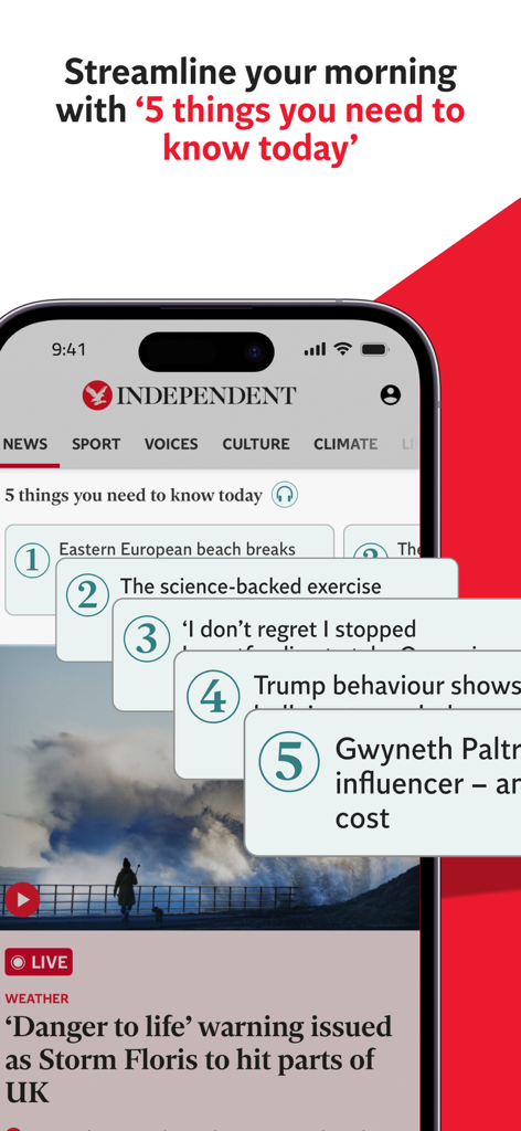 The Independent: Breaking News - The Independentアプリの朝のブリーフィング機能を表示するスマートフォン。5つの主要なニュース記事が表示されています。