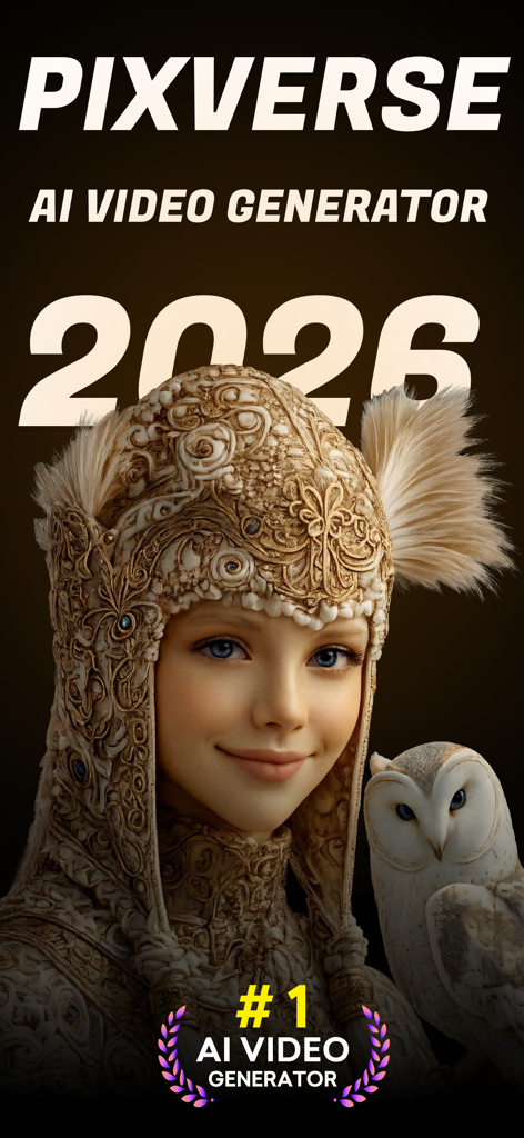 올빼미와 함께 AI로 생성된 소녀의 초상화를 보여주는 PixVerse AI 비디오 생성기 앱 스크린샷