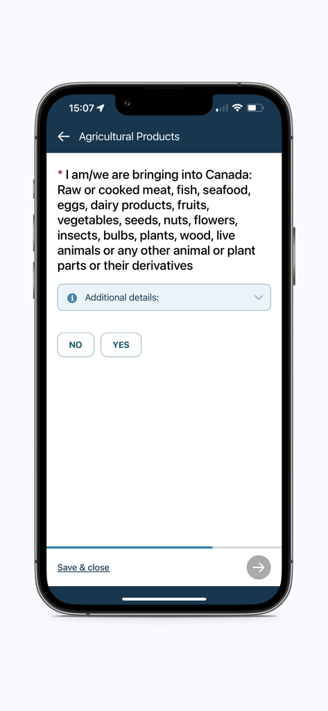 ArriveCAN app interface showing the agricultural products declaration question for Canadian customs.
