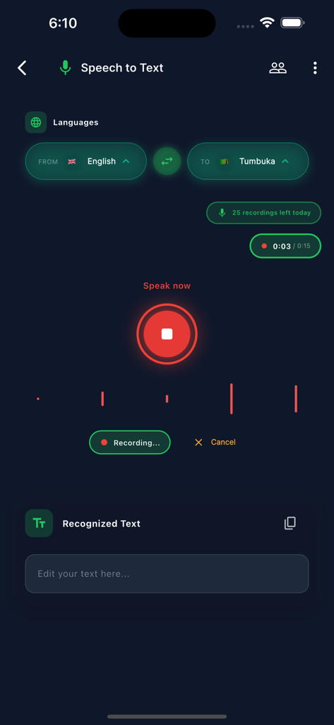 ZedTranslate - ZedTranslate app speech to text interface showing English to Tumbuka translation with a voice recording button