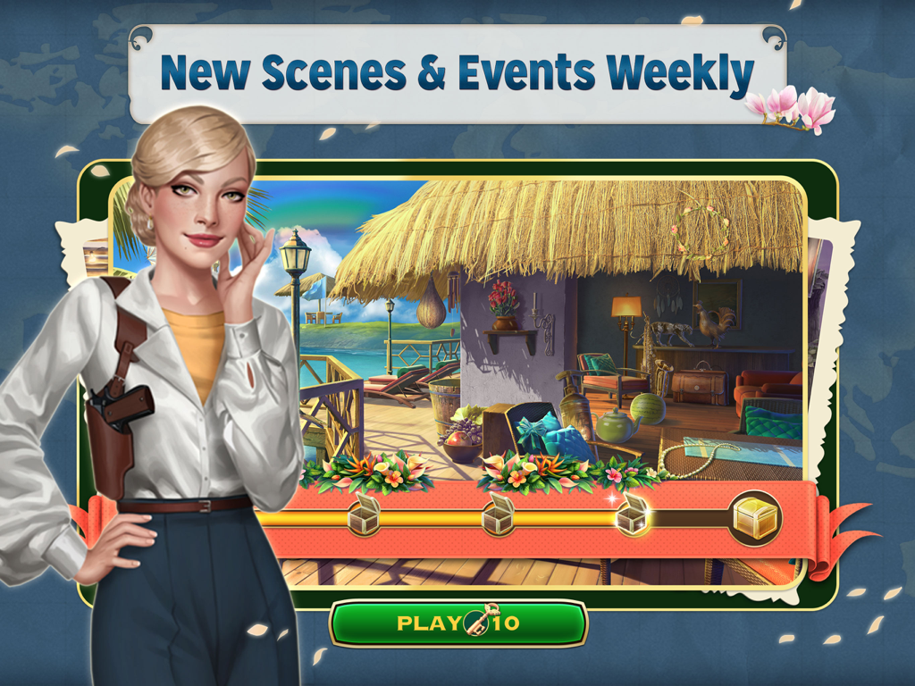 Pearl’s Peril: Hidden Objects - Main character Pearl Wallace in front of a tropical hidden object scene with a weekly events banner