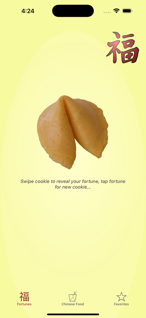 Virtual Fortune Cookie - Interfaz principal de la aplicación Virtual Fortune Cookie que muestra una galleta interactiva sobre un fondo amarillo