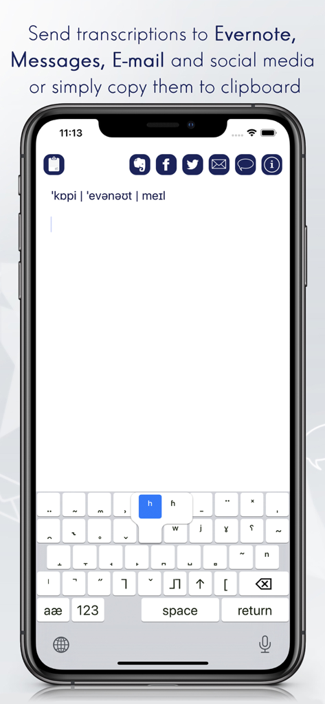 Pantalla de iPhone que muestra el Teclado IPA con transcripción fonética e iconos para compartir en Evernote, correo electrónico y redes sociales.