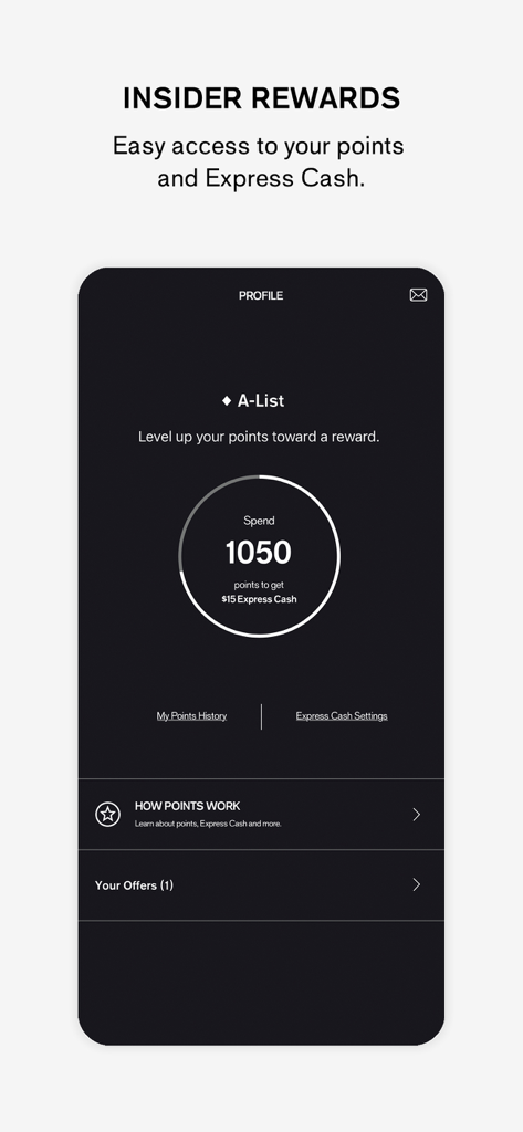 Express - Écran du programme Insider Rewards de l'application Express affichant la progression des points et le crédit Express Cash.