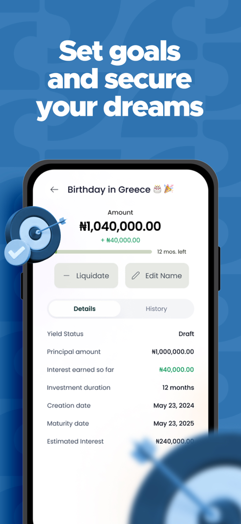 Credit Direct Mobile - Credit Direct Mobile app screen showing a savings goal for a Birthday in Greece with yield investment details