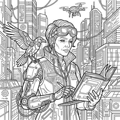 Unleash your creativity with this captivating coloring page featuring a Literary Giant reimagined in a dazzling cyberpunk world. This intricate design blends classic intellectualism with futuristic tech, offering a unique coloring adventure.
