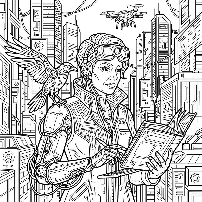 Unleash your creativity with this captivating coloring page featuring a Literary Giant reimagined in a dazzling cyberpunk world. This intricate design blends classic intellectualism with futuristic tech, offering a unique coloring adventure.