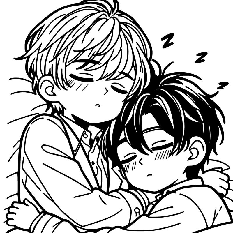2 manga boys hugging and sleeping