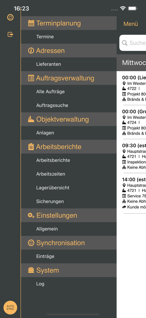 Hauptnavigationsmenü der esmobile 14 Anwendung mit Abschnitten für Planung, Aufträge und Arbeitsberichte.