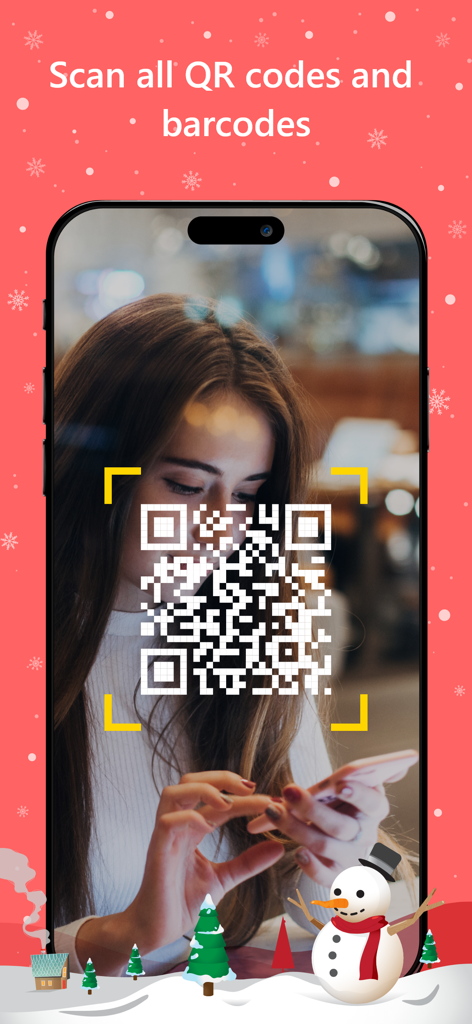 QR Code & Barcode Reader © - An iPhone screen showing the QR Code and Barcode Reader app scanning a code with a festive winter-themed background featuring a snowman and snowflakes.