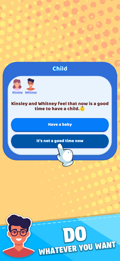 Family Life! - A choice screen in the Family Life mobile game where players decide whether to have a baby
