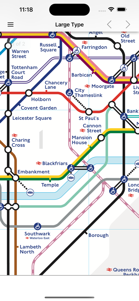 Una vista detallada del mapa del Metro de Londres dentro de la aplicación que muestra las estaciones centrales y las intersecciones de líneas