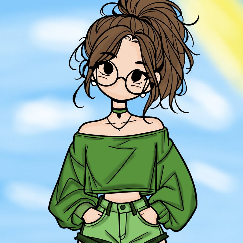 girl with a messy ponytail glasses a baggy crop top and jean shorts