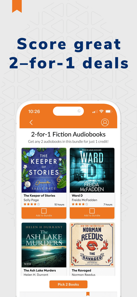 Audiobooks.com: Get audiobooks - Audiobooks.com app interface showing 2-for-1 deals on fiction titles