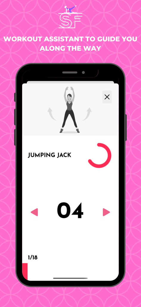 Slim Fitness - Butt Workouts - Interfaz del asistente de ejercicios de la aplicación Slim Fitness con un ejercicio de saltos de tijera y un temporizador de cuenta regresiva.
