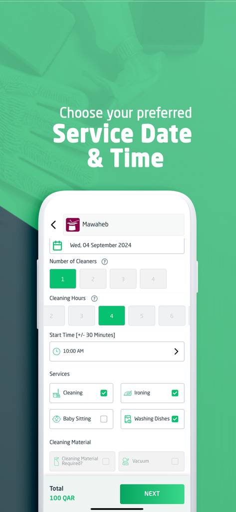 Quick Serve(Quick Maid) - Quick Maid app screen for selecting cleaning service date time and specific tasks like ironing and washing dishes