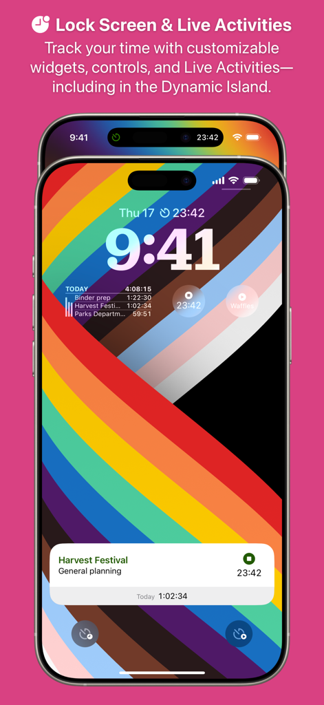 Timery: Time Tracker - Timery app interface on an iPhone lock screen showing time tracking widgets and a live activity notification for a harvest festival project.