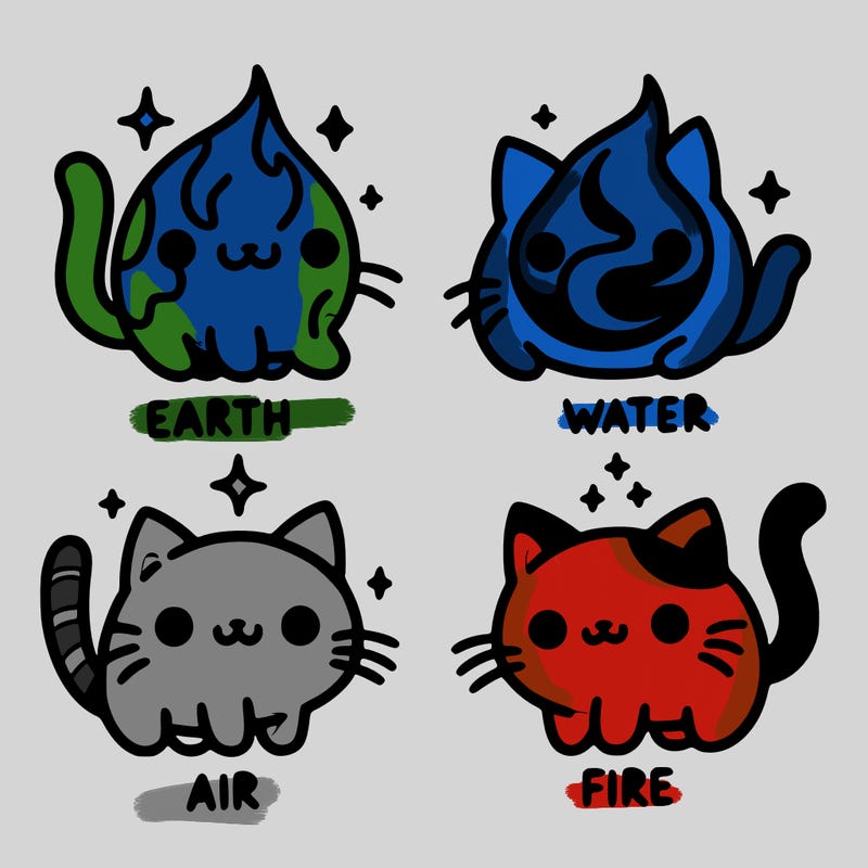 4 cats that represent the different elements, earth, water, air, and fire