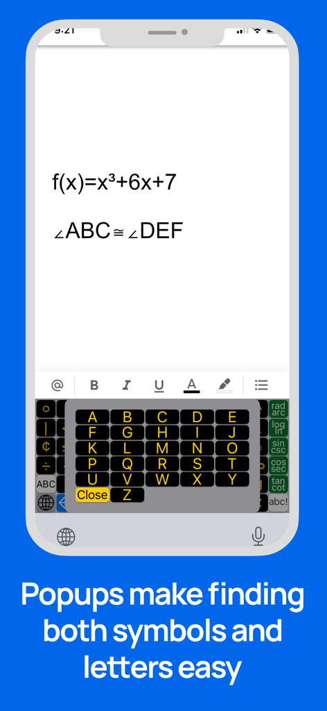 ArithmeType app interface showing mathematical equations and an alphabetical popup keyboard overlay on a mobile device.