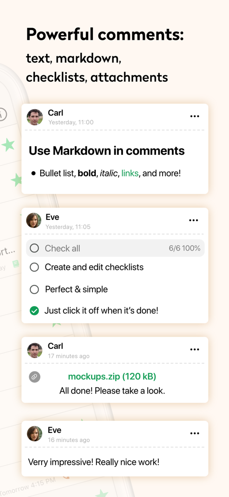 Nozbe Classic - Nozbe Classic app interface showing task comments with markdown formatting, progress checklists, and file attachments