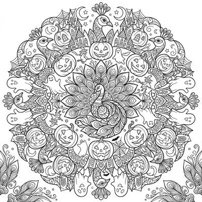 Dive into a uniquely spooky and beautiful coloring experience with this Peacock Halloween Mandala. Featuring intricate peacock motifs intertwined with classic Halloween elements, it offers hours of creative relaxation.