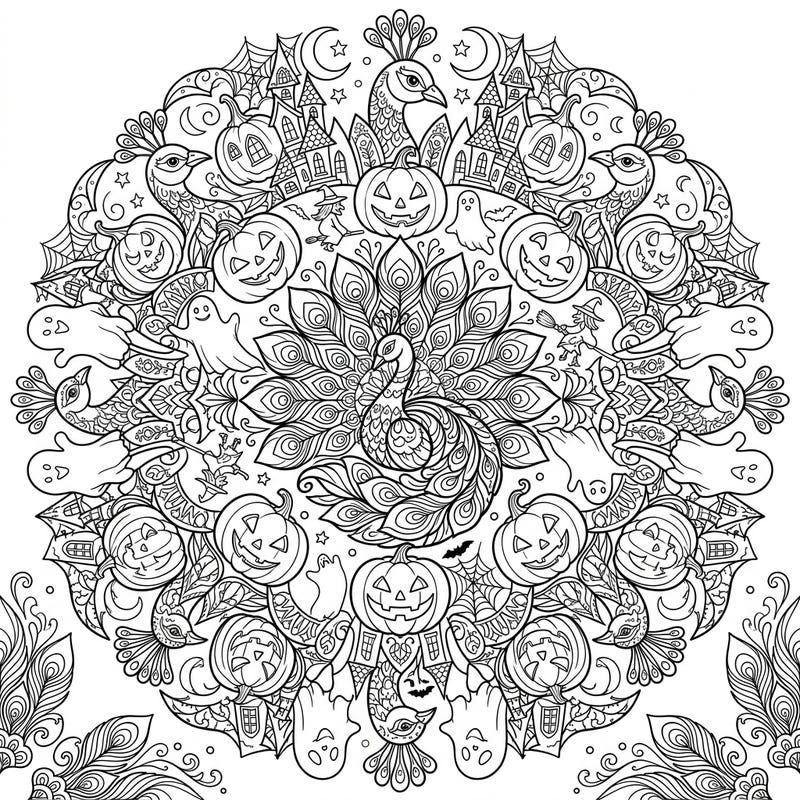 Dive into a uniquely spooky and beautiful coloring experience with this Peacock Halloween Mandala. Featuring intricate peacock motifs intertwined with classic Halloween elements, it offers hours of creative relaxation.