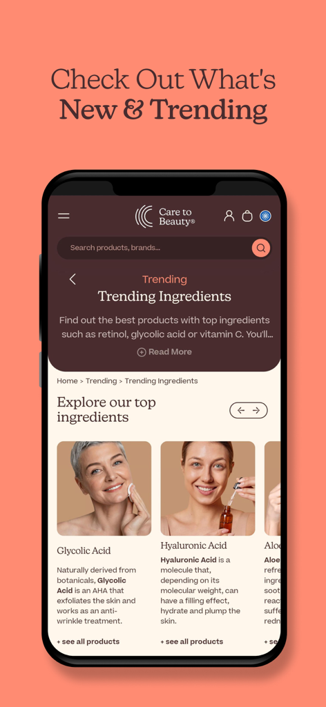 Interface de l'application mobile Care To Beauty montrant les ingrédients de soins de la peau tendance comme l'acide glycolique et l'acide hyaluronique