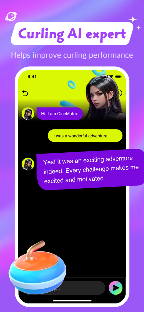 Hacla - Adult, Chat, Connect - Chat interface of the Hacla app featuring a curling AI expert with an interactive sports avatar.