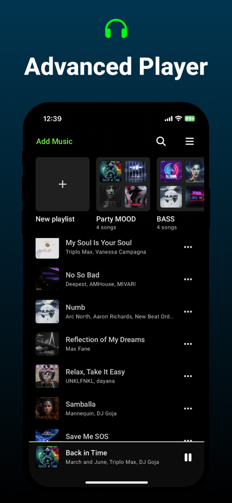 Interfaz avanzada del reproductor de música que muestra listas de reproducción y una lista de canciones en la aplicación Bass and Volume Boost