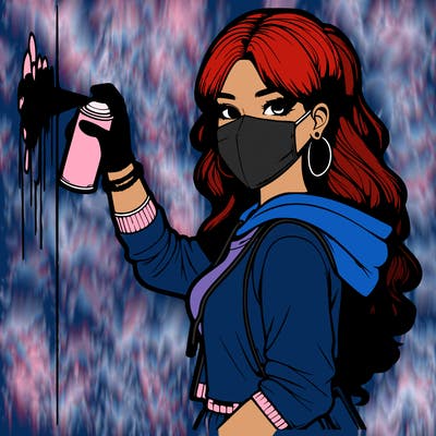 realistic girl with mask spray painting a wall