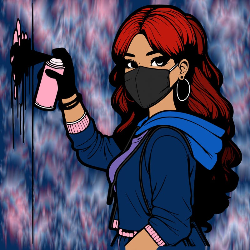 realistic girl with mask spray painting a wall