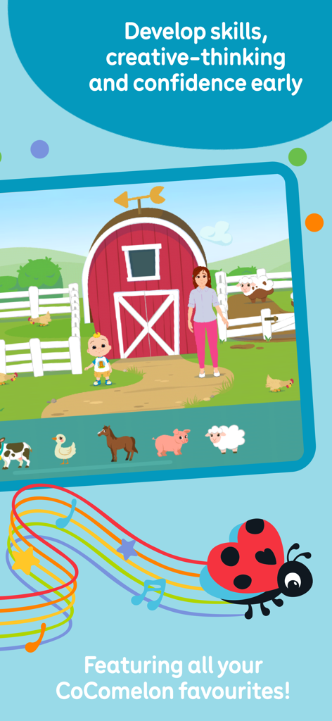 CoComelon: Learn ABCs and 123s - Personajes JJ y Mamá de CoComelon en una escena de granja de la aplicación educativa CoComelon para niños pequeños
