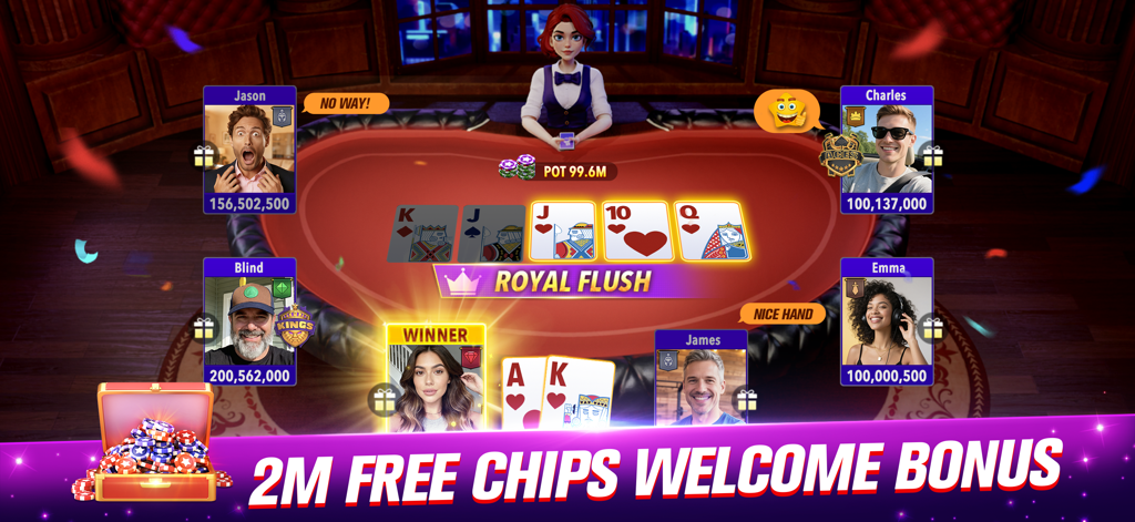 Poker Frenzy - Texas Holdem - Gameplay de Poker Frenzy montrant une Quinte Flush Royale gagnante et une bannière de bonus de bienvenue de 2 millions de jetons gratuits