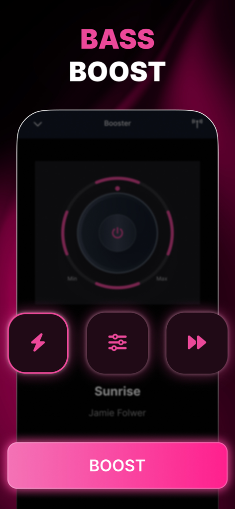 Bass Booster - Equalizer - Interfaz de la aplicación Bass Booster con un botón de aumento rosa y configuraciones de control de audio