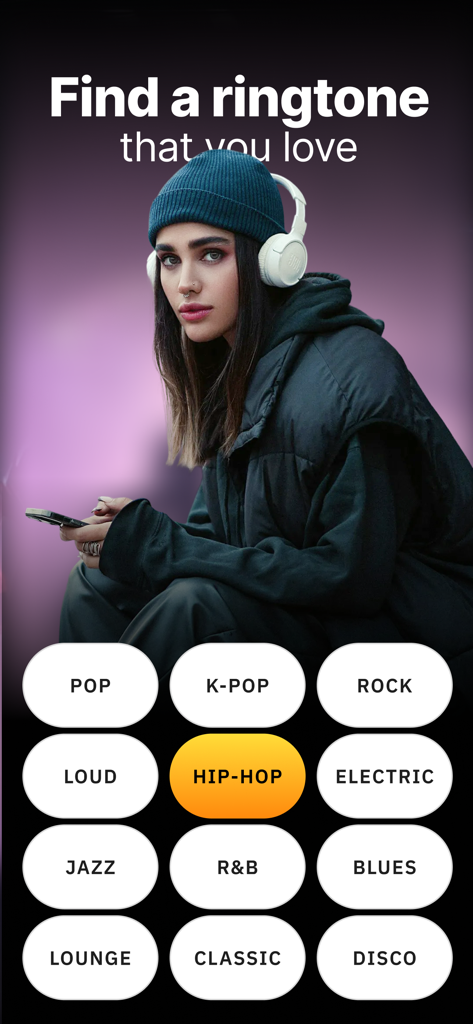 VibeCall app screen showing various music genres for custom ringtones