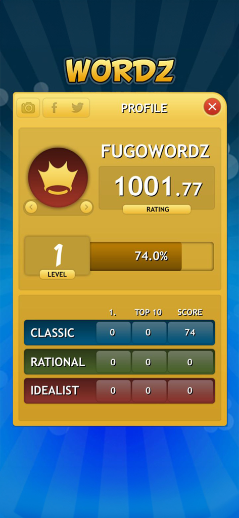User profile screen of Wordz plus app showing rating level and game statistics for classic and rational modes