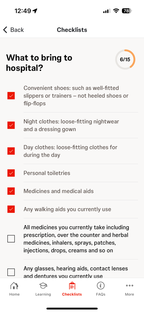 Care4Today® Education - A mobile app screenshot of a hospital preparation checklist showing items to bring like shoes, clothes, and medicines with a 6 out of 15 progress indicator.