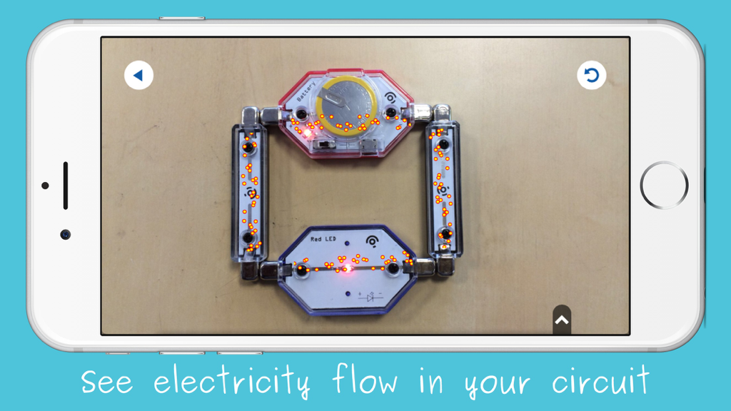 Smartphone app showing augmented reality visualization of electricity flowing through a physical circuit